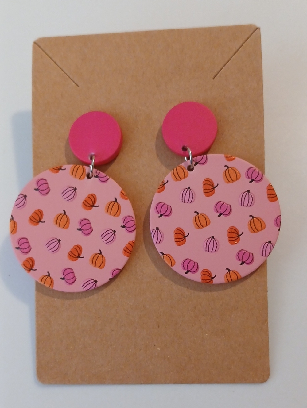 Fashion Jewelry Pink Drop Earrings with Orange & Magenta Pumpkin Print